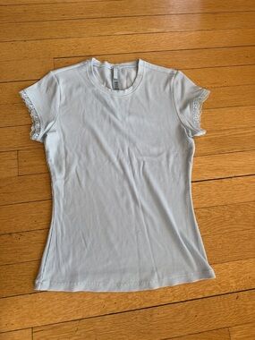 SKIMS Light Blue Ribbed Short Sleeve Tee with Lace Trim
